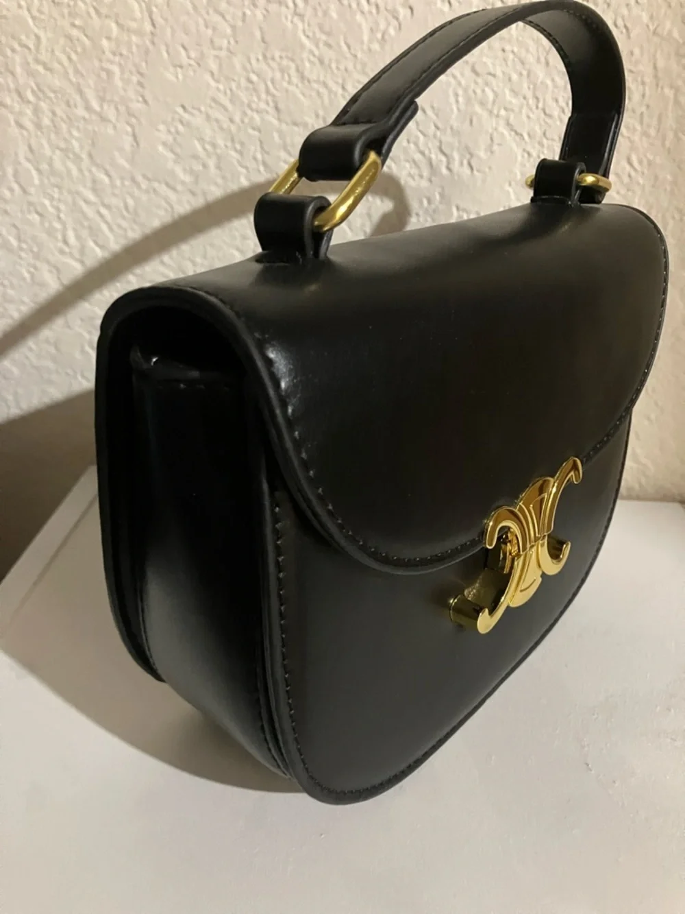 Black Leather Top-Handle Shoulder Bag with Gold Accent - Picture 2 of 6
